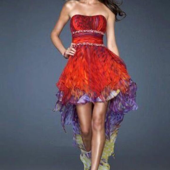 NWT La Femme-Strapless Ruched High Low Printed 18051SC - Picture 1 of 2